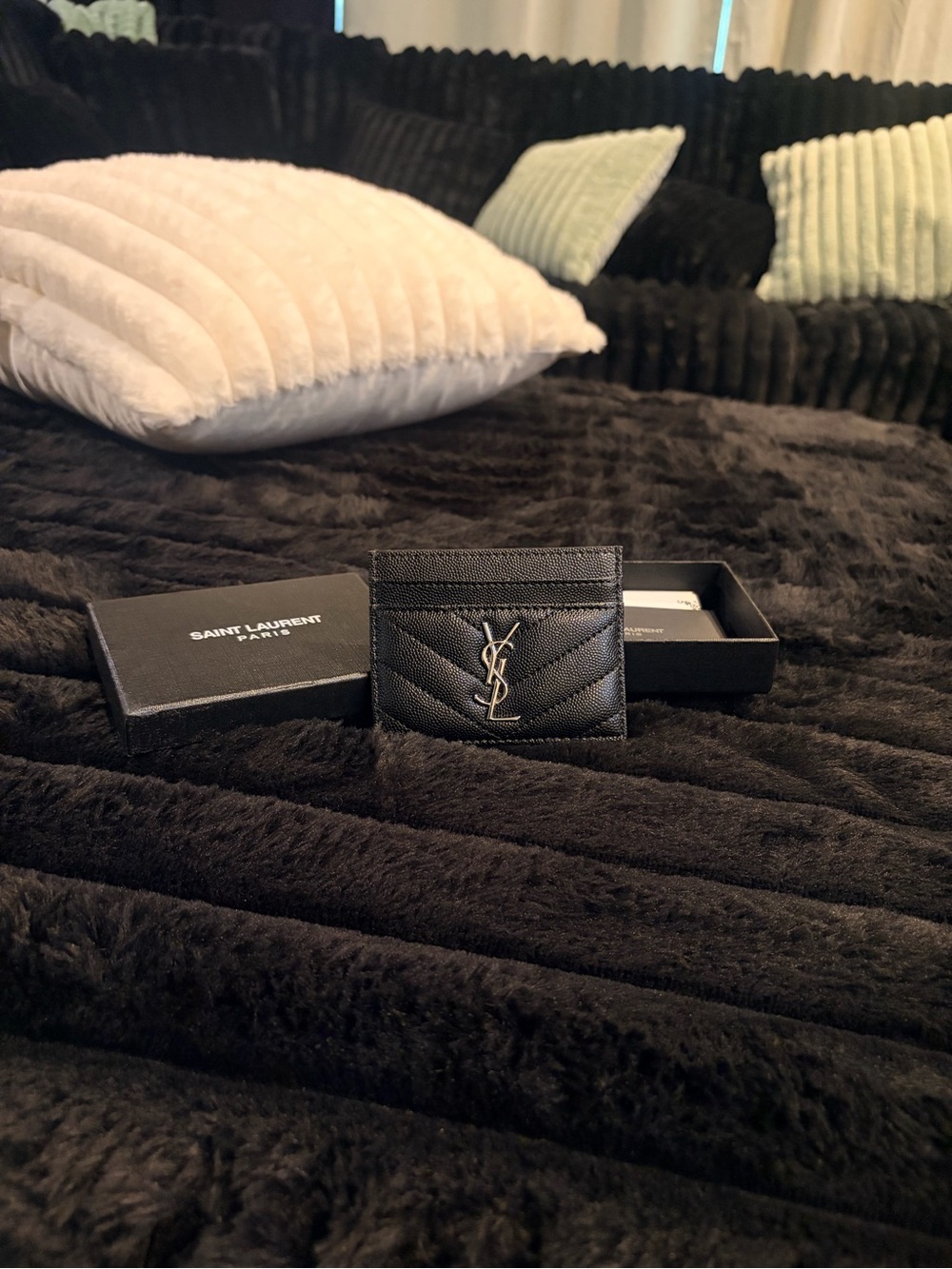 Saint Laurent Card Case with Pebbled Leather and Silver Logo